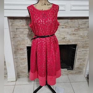 Calvin Klein Fuscia Lace overlay‎ faux suede trim midi party dress plus size 14W